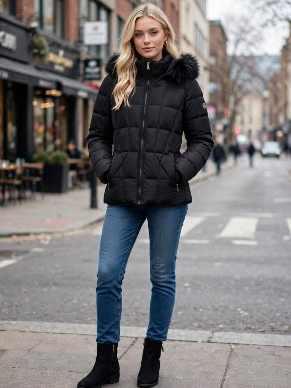 Calvin Klein Black Quilted Puffer Coat with Faux Fur Trimmed Hood, Pristine